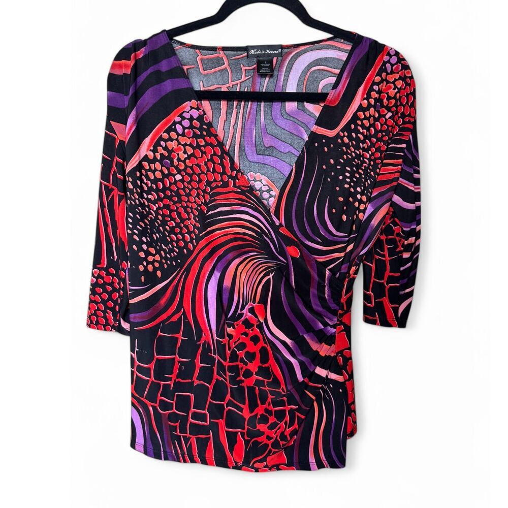 Red and Purple Abstract Wrap Blouse